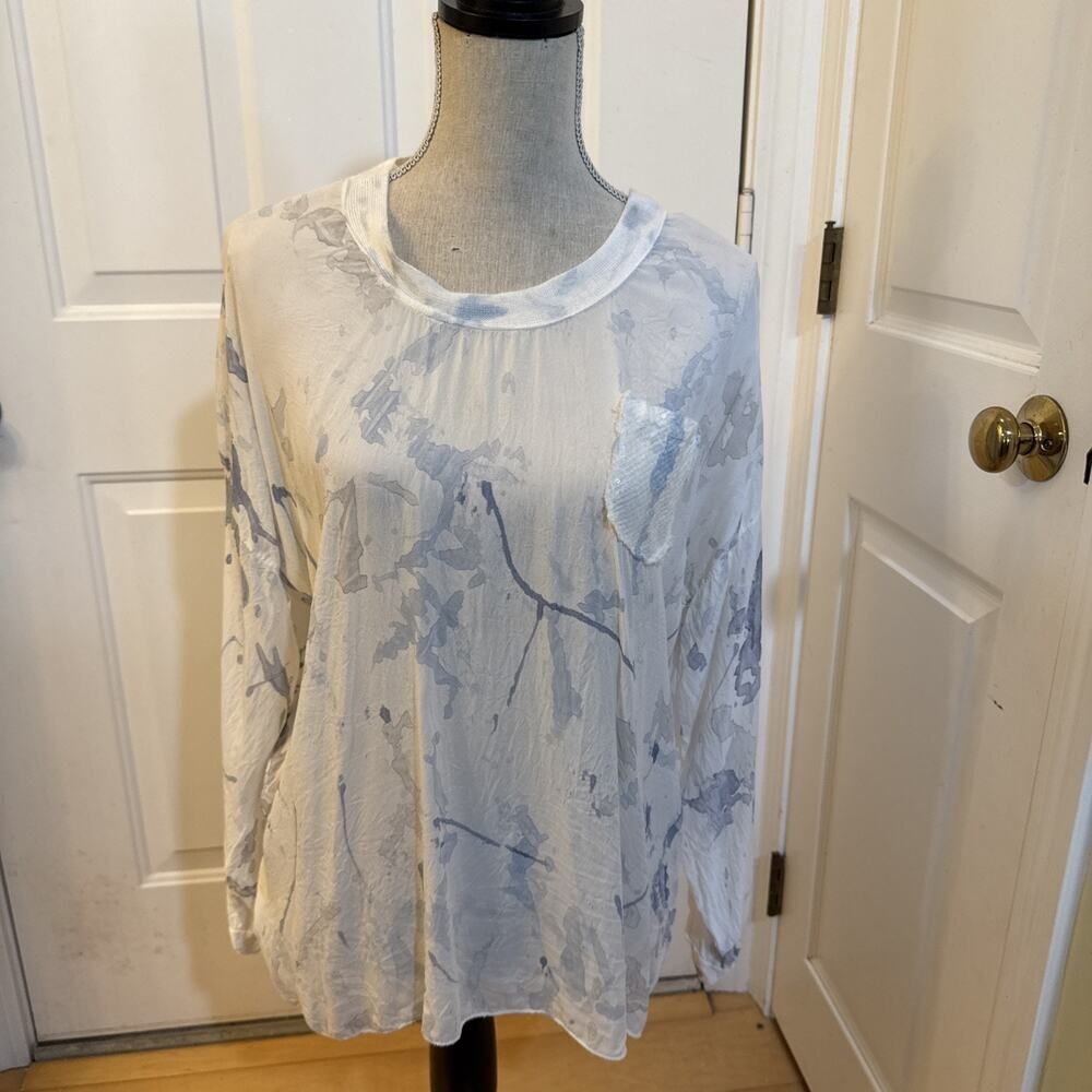 SILK BLOUSE Tempo Paris Size L Blue White Tie Dyed Print Longsleeved Silk Blend